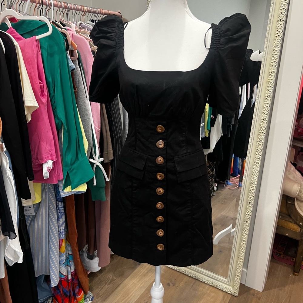 C/MEO Collective Black Puff-Sleeve Button-Front Mini Dress